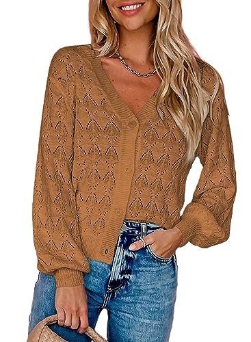 Dokotoo Damen Strickjacke V-Ausschnitt Kurzer Cardigan Elegant Langarm Leichter Strickpullover mit Knopf, braun, XXL von Dokotoo