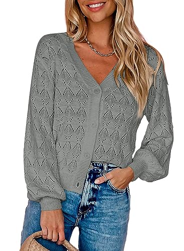 Dokotoo Damen Strickjacke V-Ausschnitt Kurzer Cardigan Elegant Langarm Leichter Strickpullover mit Knopf, grau, S von Dokotoo