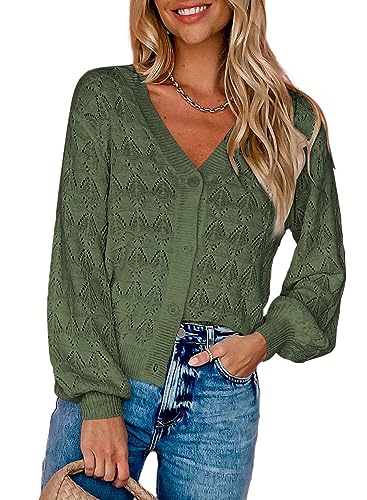 Dokotoo Damen Strickjacke V-Ausschnitt Kurzer Cardigan Elegant Langarm Leichter Strickpullover mit Knopf, grün, M von Dokotoo