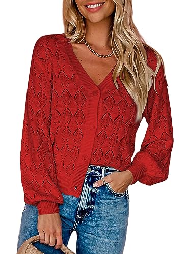 Dokotoo Damen Strickjacke V-Ausschnitt Kurzer Cardigan Elegant Langarm Leichter Strickpullover mit Knopf, rot, L von Dokotoo