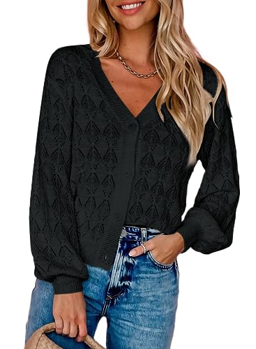 Dokotoo Damen Strickjacke V-Ausschnitt Kurzer Cardigan Elegant Langarm Leichter Strickpullover mit Knopf, schwarz, S von Dokotoo