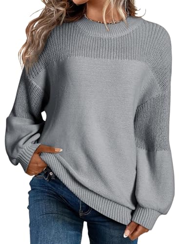Dokotoo Damen Strickpullover Elegant Rundhals Puffärmel Pullover Herbst Winter Einfarbiger Pulli Oberteil Sweater, grau, XXL von Dokotoo