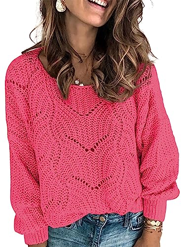 Dokotoo Damen Strickpullover Elegant Rundhals Pullover Herbst Winter Einfarbiger Pulli Oberteil Winterpullover, Rose, L von Dokotoo