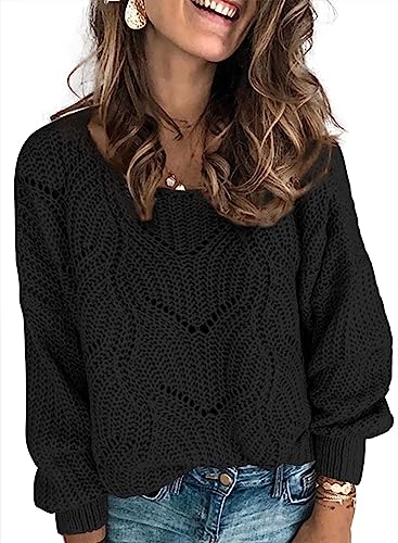 Dokotoo Damen Strickpullover Elegant Rundhals Pullover Herbst Winter Einfarbiger Pulli Oberteile Damenpullover, schwarz, m von Dokotoo