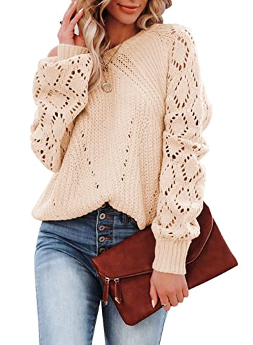 Dokotoo Damen Strickpullover Elegant Rundhals Pullover Langarm Grobstrick Pulli Herbst Winter Oberteile Tops Beige Damenpullover Winterpullover, S von Dokotoo