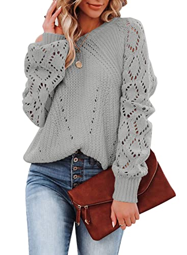 Dokotoo Damen Strickpullover Elegant Rundhals Pullover Langarm Grobstrick Pulli Herbst Winter Oberteile Tops Grau Damenpullover Winterpullover, M von Dokotoo