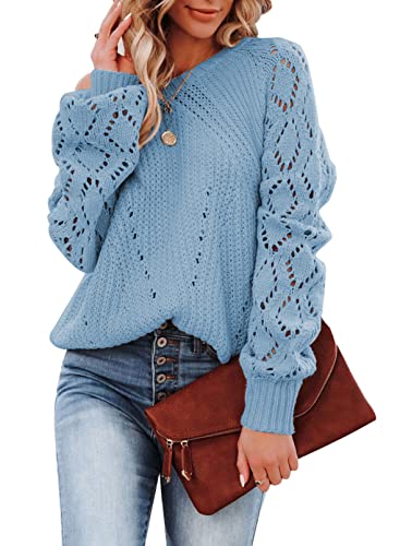 Dokotoo Damen Strickpullover Elegant Rundhals Pullover Langarm Grobstrick Pulli Herbst Winter Oberteile Tops Himmelblau Damenpullover Winterpullover, S von Dokotoo