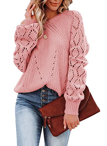 Dokotoo Damen Strickpullover Elegant Rundhals Pullover Langarm Grobstrick Pulli Herbst Winter Oberteile Tops Rosa Damenpullover Winterpullover, XL von Dokotoo