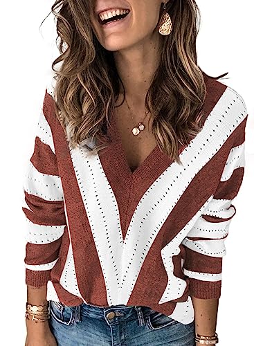 Dokotoo Damen Strickpullover V-Ausschnitt Casual Pullover Warm Oberteil Tops Streifen Pulli Elegant Herbst Winter Braun Langarmshirt M von Dokotoo