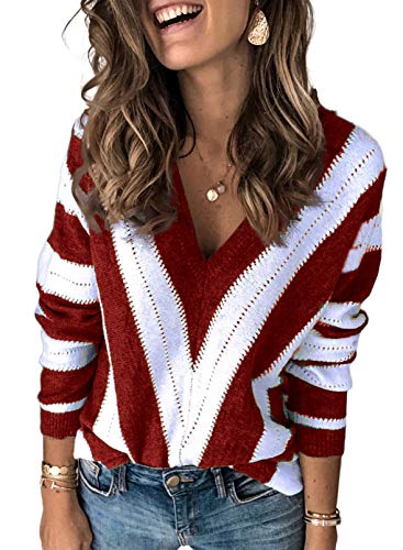 Dokotoo Damen Strickpullover V-Ausschnitt Casual Pullover Warm Oberteil Tops Streifen Pulli Elegant Herbst Winter Langarmshirt Rot 2XL von Dokotoo