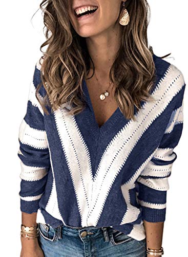 Dokotoo Damen Strickpullover V-Ausschnitt Casual Pullover Warm Oberteil Tops Streifen Sweater Elegant Herbst Winter Sweatshirt Blau L von Dokotoo