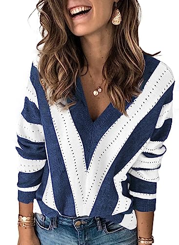 Dokotoo Damen Strickpullover V-Ausschnitt Casual Pullover Warm Oberteil Tops Streifen Sweater Elegant Herbst Winter Sweatshirt Blau M von Dokotoo