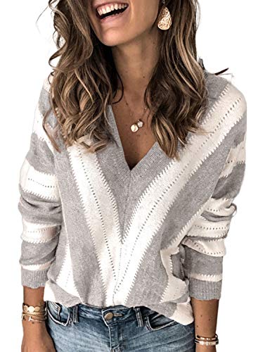 Dokotoo Damen Strickpullover V-Ausschnitt Casual Pullover Warm Oberteil Tops Streifen Sweater Elegant Herbst Winter Sweatshirt Grau XL von Dokotoo