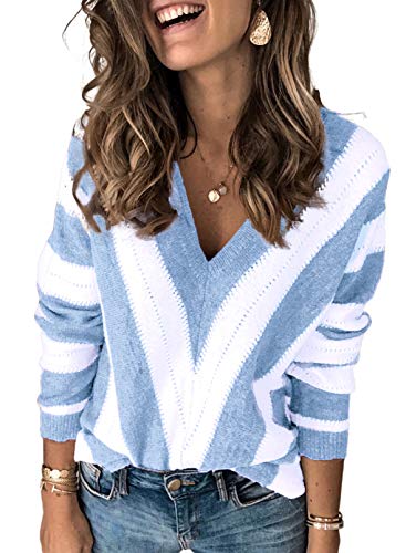 Dokotoo Damen Strickpullover V-Ausschnitt Casual Pullover Warm Oberteil Tops Streifen Sweater Elegant Herbst Winter Sweatshirt Hellblau XL von Dokotoo