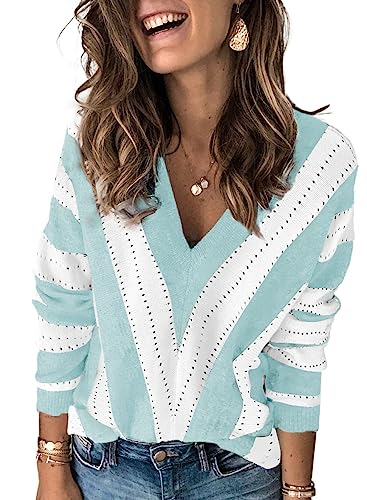 Dokotoo Damen Strickpullover V-Ausschnitt Casual Pullover Warm Oberteil Tops Streifen Sweater Elegant Herbst Winter Sweatshirt HimmelBlau S von Dokotoo