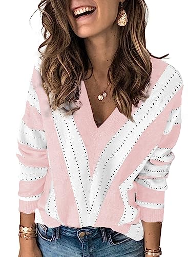 Dokotoo Damen Strickpullover V-Ausschnitt Casual Pullover Warm Oberteil Tops Streifen Sweater Elegant Herbst Winter Sweatshirt Pink L von Dokotoo