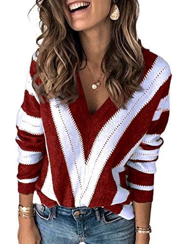 Dokotoo Damen Strickpullover V-Ausschnitt Casual Pullover Warm Oberteil Tops Streifen Sweater Elegant Herbst Winter Sweatshirt Rot L von Dokotoo