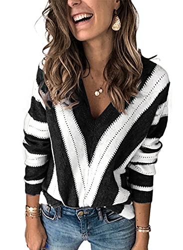 Dokotoo Damen Strickpullover V-Ausschnitt Casual Pullover Warm Oberteil Tops Streifen Sweater Elegant Herbst Winter Sweatshirt Schwarz S von Dokotoo