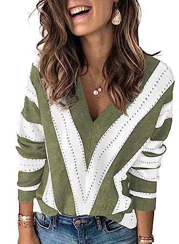 Dokotoo Damen Strickpullover V-Ausschnitt Casual Pullover Warm Oberteil Tops Streifen Sweater Elegant Herbst Winter Sweatshirt hellgrün L von Dokotoo