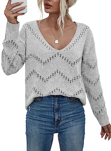 Dokotoo Damen Strickpullover V-Ausschnitt Elegant Leicht Pullover Einfarbig Lose Langarmshirt Basic Herbst Winter Oberteile Shirt Pulli, grau, S von Dokotoo