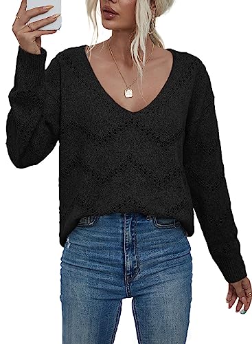Dokotoo Damen Strickpullover V-Ausschnitt Elegant Leicht Pullover Einfarbig Lose Langarmshirt Basic Herbst Winter Oberteile Shirt Pulli, schwarz, S von Dokotoo
