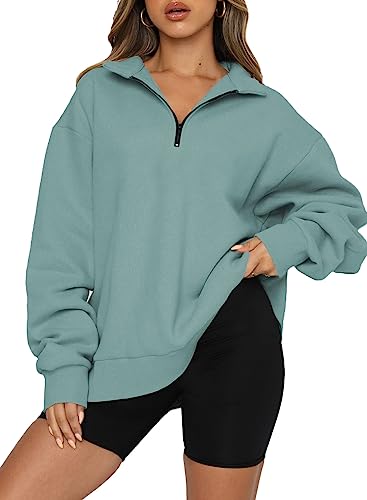 Dokotoo Damen Sweatshirt Basic Reißverschluss Pullover Einfarbig Fleece Oversized Oberteile für Herbst Winter, grün, XXL von Dokotoo