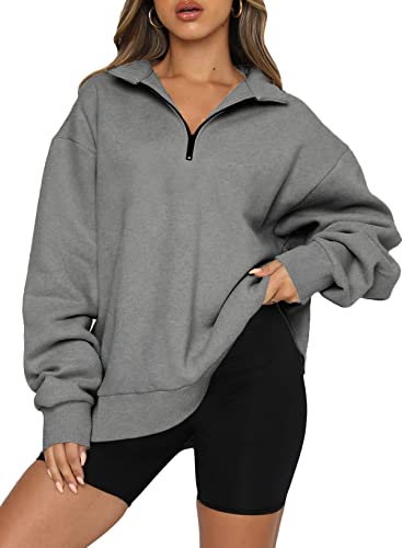 Dokotoo Damen Sweatshirt Basic Reißverschluss Pullover Loose Einfarbig Fleece Oberteile für Herbst Winter, grau, M von Dokotoo