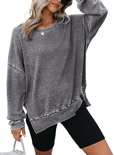 Dokotoo Damen Sweatshirt Basic Rundhals Oversized Pullover Pulli Herbst Winter Casual Langarmshirt Baumwolle Oberteile Shirts Bluse, grau, M von Dokotoo