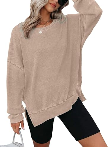 Dokotoo Damen Sweatshirt Rundhals Oversize Langarmshirt Basic Herbst Winter Pullover Pulli Baumwolle Langarm Oberteile Shirts Tops, Khaki, L von Dokotoo