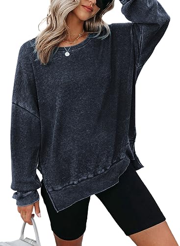 Dokotoo Damen Sweatshirt Rundhals Oversize Langarmshirt Basic Herbst Winter Pullover Pulli Baumwolle Langarm Oberteile Shirts Tops, blau, L von Dokotoo