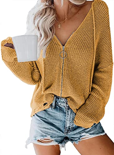 Dokotoo Damen Sweatshirt V-Auschnitt Langarmshirt Hoodie Strickpullover Sexy Schulterfrei Sweatshirt Langarmshirt Oberteil Loose Sweater Tops Gelb M von Dokotoo