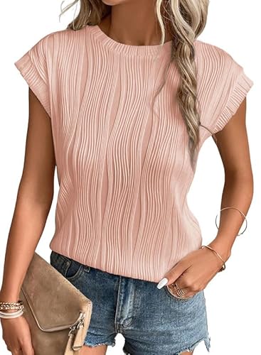 Dokotoo Damen T Shirt Rundhals Flügelärmeln Oberteile Sommer Kurzarm Casual Blusen Shirts Tanktop, rosa, XL von Dokotoo