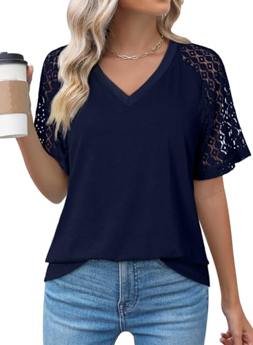 Dokotoo Damen T-Shirt Sommer Spitzen Kurzarm Oberteile Casual V-Ausschnitt Locker Bluse Shirts Top, Marineblau, S von Dokotoo
