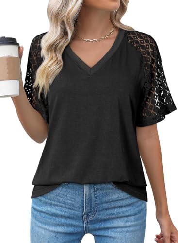Dokotoo Damen T-Shirt Sommer Spitzen Kurzarm Oberteile Casual V-Ausschnitt Locker Bluse Shirts Top, schwarz, S von Dokotoo