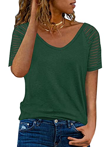 Dokotoo Damen T-Shirt Sommer Streifen Mesh Kurzarm Oberteile Casual V-Ausschnitt Bluse Shirt Tops, grün, S von Dokotoo