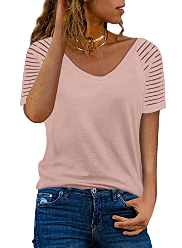 Dokotoo Damen T-Shirt Sommer Streifen Mesh Kurzarm Oberteile Casual V-Ausschnitt Bluse Shirts Tops, rosa, L von Dokotoo