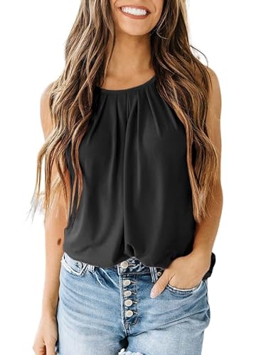 Dokotoo Damen Tank Top Sommer Rundhals Ärmellose T Shirt Basic Falten Lose Oberteile Bluse Tops, schwarz, L von Dokotoo