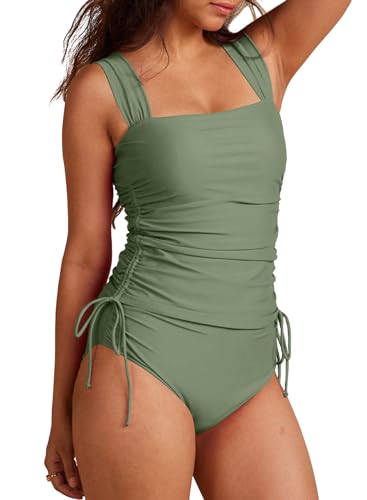 Dokotoo Damen Tankini Set Raffung Bauchweg Zweiteiliger Badeanzug Tankinis Oberteil mit Slip Große Größen Bademode Swimsuit, grün, XXL von Dokotoo