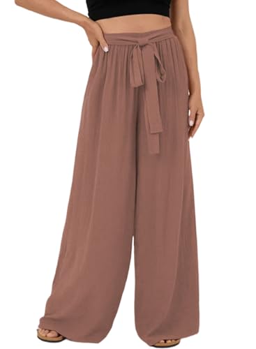 Dokotoo Hose Damen Leinen Sommerhose Casual Leichte Musselin Leinenhose Stoffhose Bequeme Luftige Freizeithose Strandhose mit Taschen, Kaffee, XL von Dokotoo