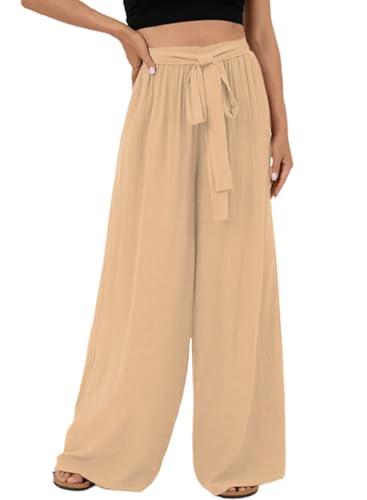 Dokotoo Hose Damen Leinen Sommerhose Casual Leichte Musselin Leinenhose Stoffhose Bequeme Luftige Freizeithose Strandhose mit Taschen, beige, XL von Dokotoo