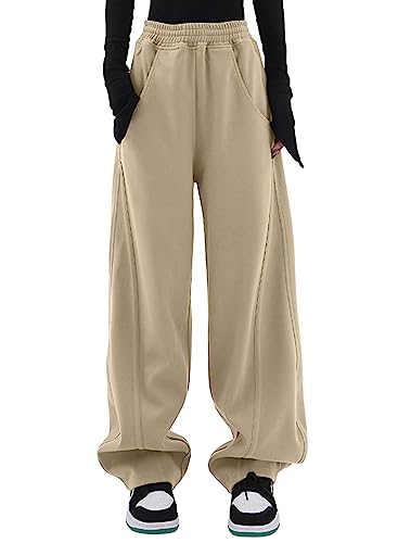 Dokotoo Jogginghose Damen Sporthose Lang Lässige Palazzo Hose Hosen mit Taschen Baggy Elastisch Stoffhose Einfarbig Freizeithose Aprikose M von Dokotoo