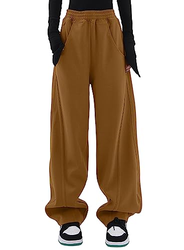 Dokotoo Jogginghose Damen Sporthose Lang Lässige Palazzo Hose Hosen mit Taschen Baggy Elastisch Stoffhose Einfarbig Freizeithose Braun L von Dokotoo