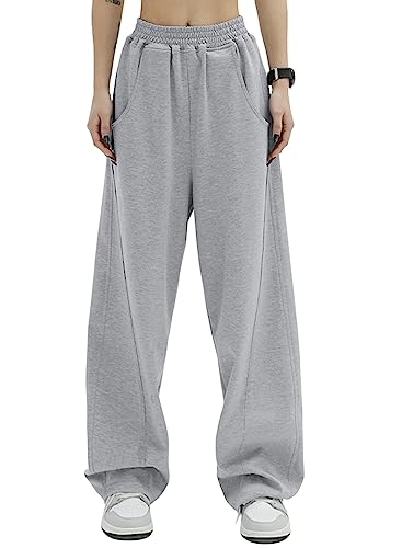 Dokotoo Jogginghose Damen Sporthose Lang Lässige Palazzo Hose Hosen mit Taschen Baggy Elastisch Stoffhose Einfarbig Freizeithose Grau M von Dokotoo