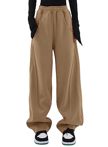 Dokotoo Jogginghose Damen Sporthose Lang Lässige Palazzo Hose Hosen mit Taschen Baggy Elastisch Stoffhose Einfarbig Freizeithose Khaki L von Dokotoo