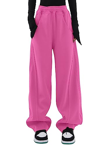 Dokotoo Jogginghose Damen Sporthose Lang Lässige Palazzo Hose Hosen mit Taschen Baggy Elastisch Stoffhose Einfarbig Freizeithose Rose 2XL von Dokotoo