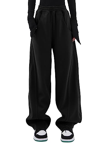 Dokotoo Jogginghose Damen Sporthose Lang Lässige Palazzo Hose Hosen mit Taschen Baggy Elastisch Stoffhose Einfarbig Freizeithose Schwarz 2XL von Dokotoo