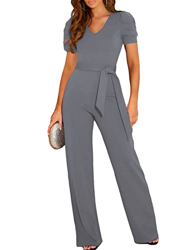 Dokotoo Jumpsuit Damen Elegant Kurzarm Lang Overall Hosenanzug V-Ausschnitt Casual Lose Playsuit Romper, grau, XL von Dokotoo