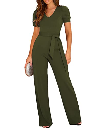 Dokotoo Jumpsuit Damen Elegant Kurzarm Lang Overall Hosenanzug V-Ausschnitt Casual Lose Playsuit Romper, grün, XL von Dokotoo