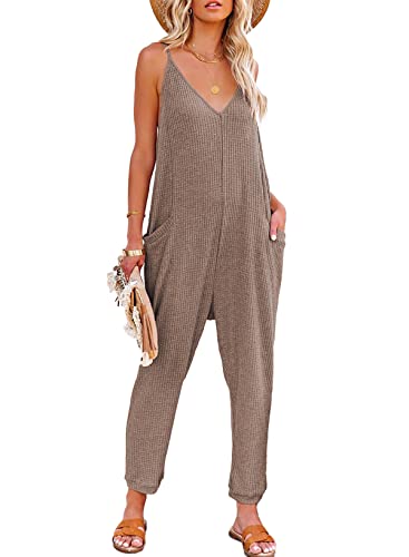 Dokotoo Jumpsuit Damen Sommer Ärmellos Overall Casual V-Ausschnitt Lose Latzhose Lang Playsuit Romper mit Taschen, braun, L von Dokotoo