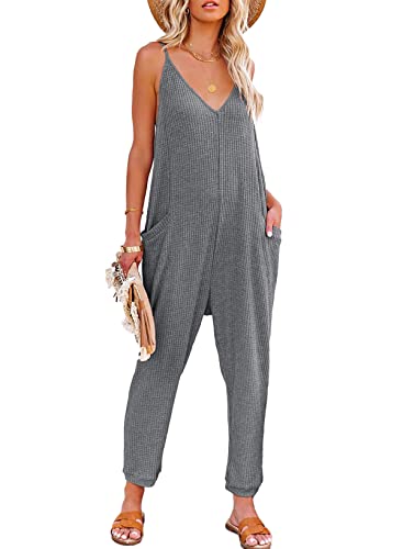 Dokotoo Jumpsuit Damen Sommer Ärmellos Overall Casual V-Ausschnitt Lose Latzhose Lang Playsuit Romper mit Taschen, grau, XL von Dokotoo